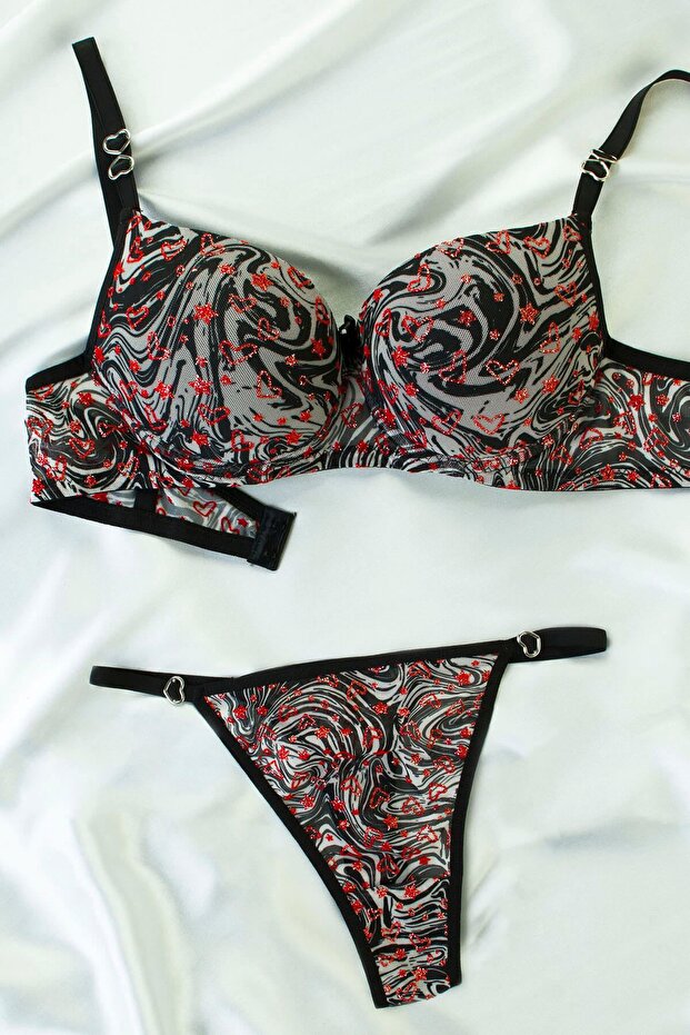 Patterned Supported Bra Set Black - 1
