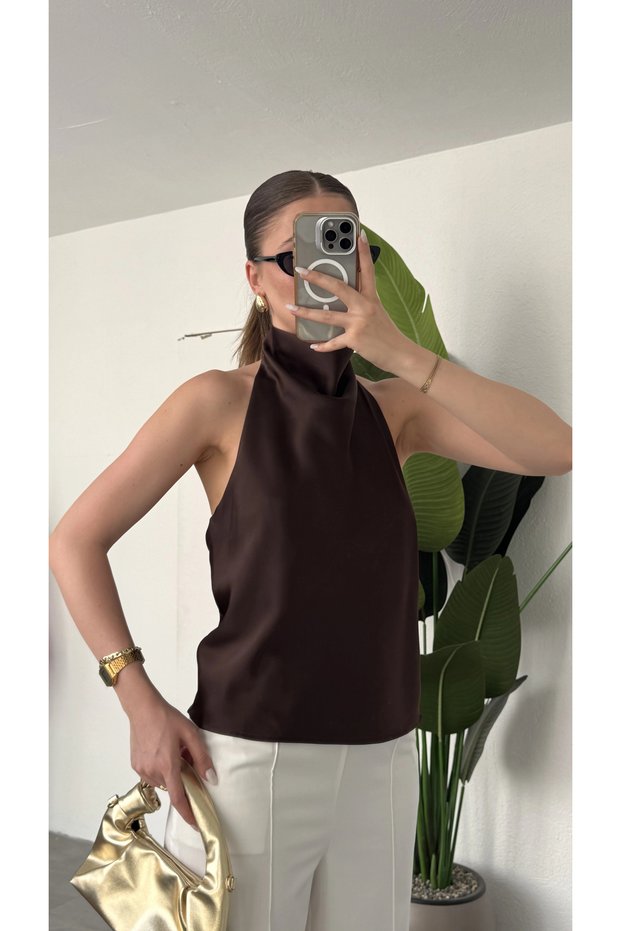 Women's Brown Degaje Collar Backless Satin Blouse