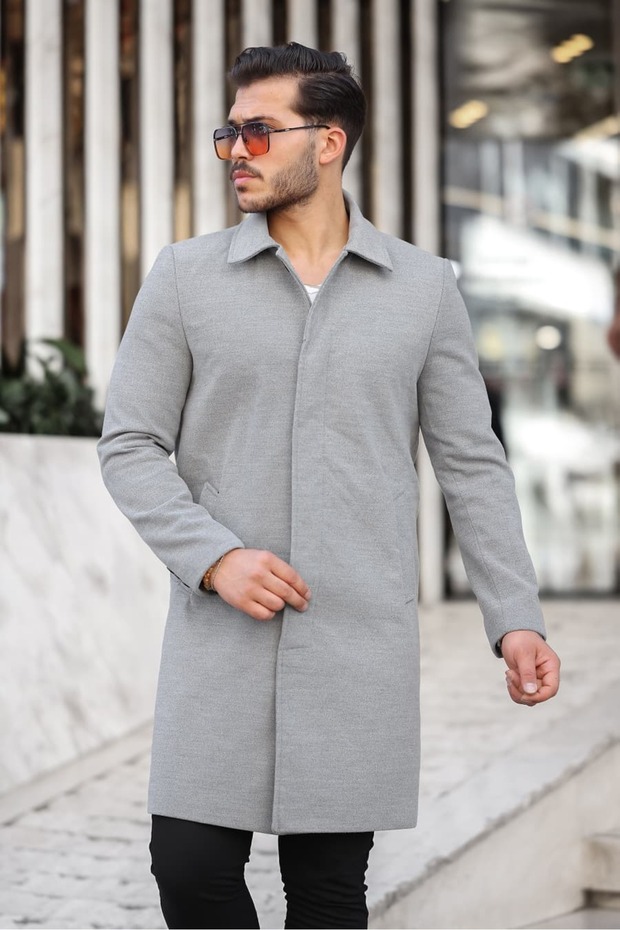 Men's Light Gray Wide Fit Long Shirt Collar Overcoat & Cashmere Coat