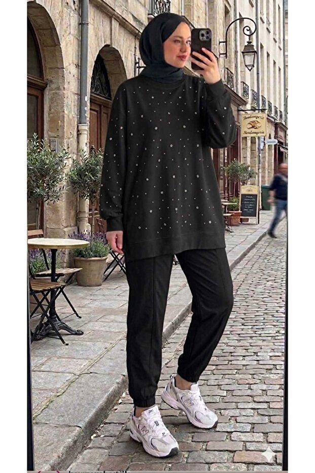 Women's Stone-Embellished Casual Hijab Sweatshirt Tunic