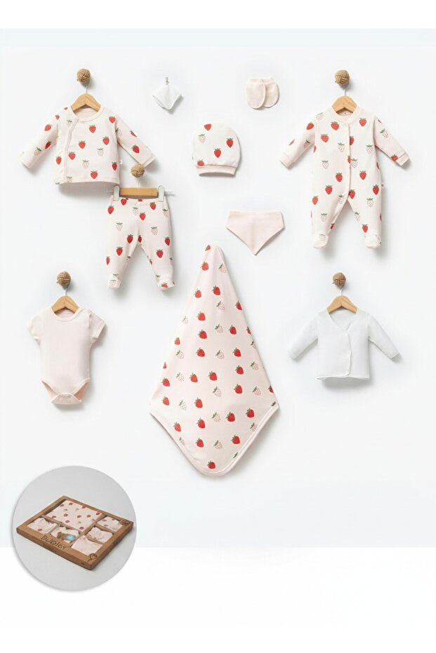 Strawberry Patterned 10 Piece Newborn Hospital Release Baby Set 100% Cotton