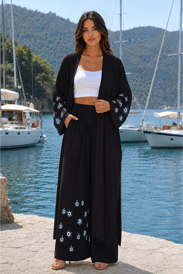 Premium Women's Evil Eye Bead Patterned Kimono & Wide-Legged Pants Set | One Size | Std Size