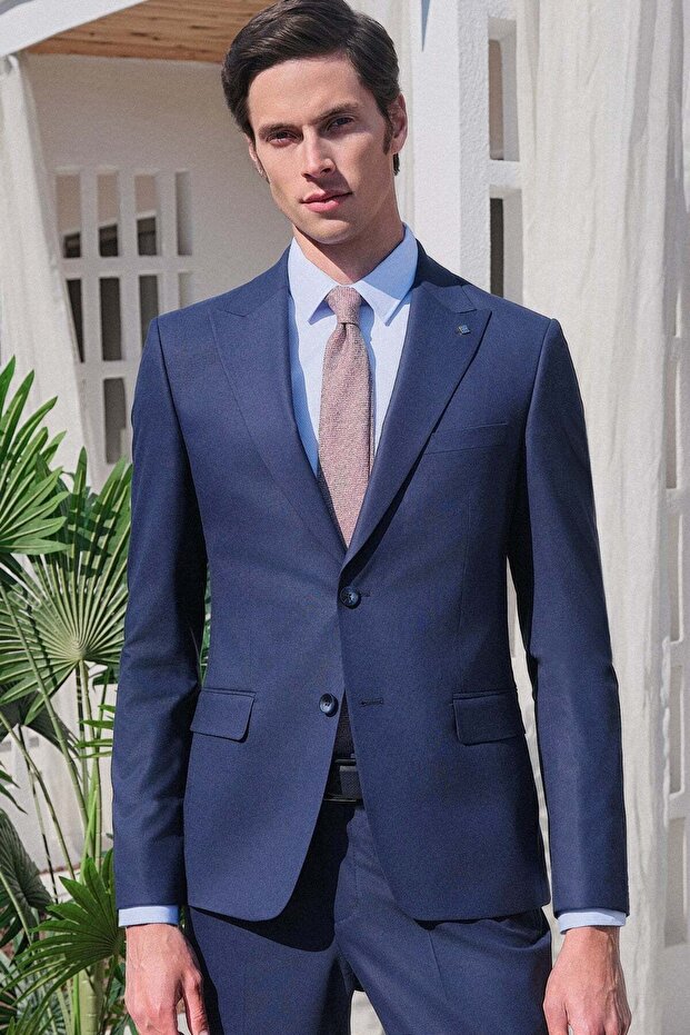 Blue Textured Hard Collar Long Sleeve Pocketless Slim Fit Cotton Shirt 1004255283