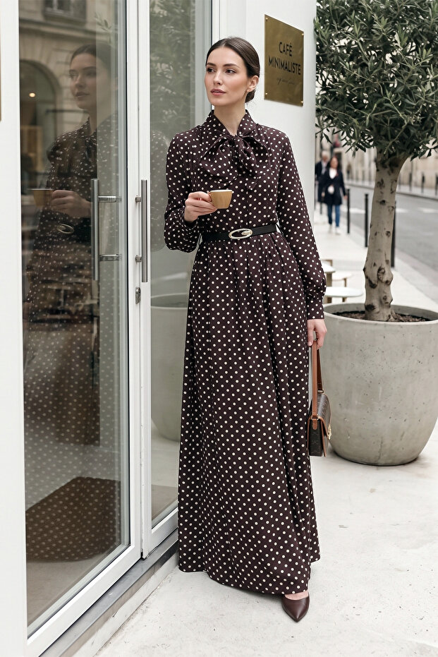 Polka Dot Viscose Dress with Scarf Collar and Belt - Brown