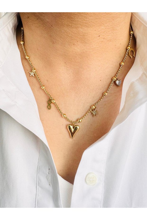 Steel Heart Star Nal Topcuk Chain Necklace 45 cm