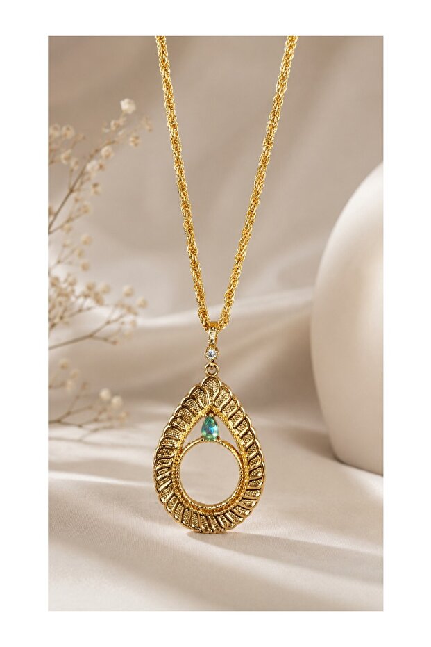 Zircon Stone Half Gold Frame Necklace and Rope Chain for Wearing 60 cm - M6