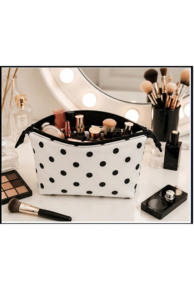 Black and White Polka Dot Double Compartment Makeup Bag 25X15 cm | Cosmetics and Care Organizer