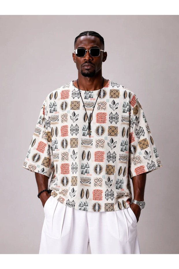 Oversize Cotton Linen Patterned Tshirt - 1