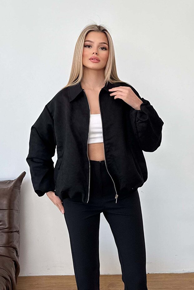 Women's Shirt Collar Zippered Double Pocket Suede Jacket Black - 0733