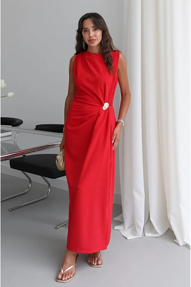Red Gold Buckle Long Dress - 8191