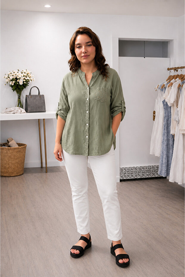 Sequin Detailed Judge Collar Cotton Shirt - Khaki