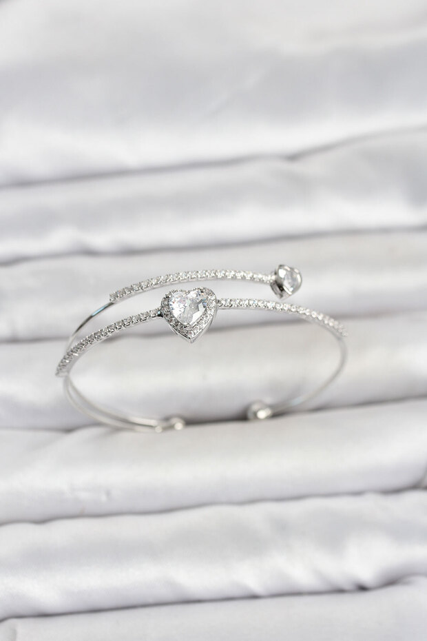 Brass Silver Color Heart Model Zircon Stone Women's Bracelet