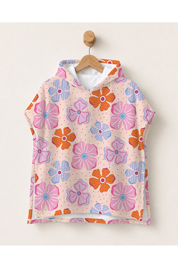 Floral Patterned Pink Children's Poncho Towel Hooded Sea Beach Pool Poncho
