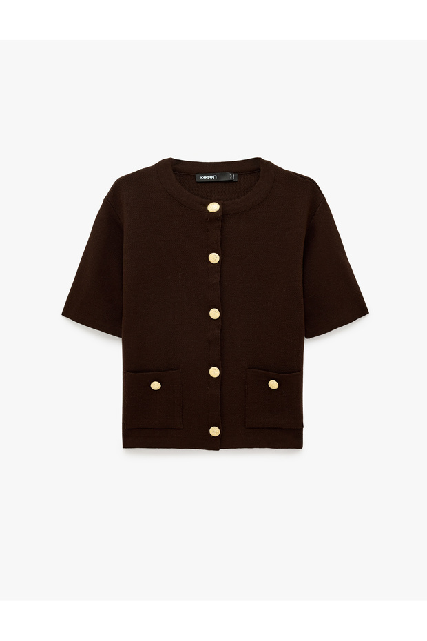 Buttoned Pocketed Crew Neck Short Sleeve Knitwear Cardigan