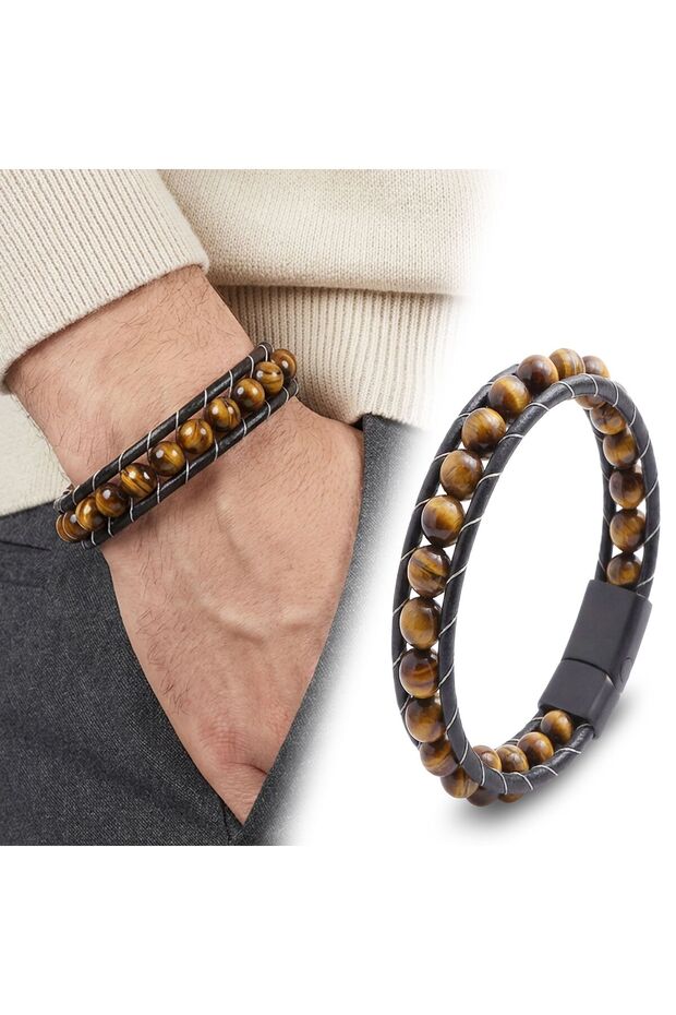 Men's Leather Bracelet with Tiger's Eye Natural Stone - 21 cm