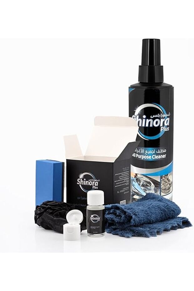 Shinora Plus Pro kit, All Purpose Cleaner, Multi-Surface Spray for Car Interior, Yellow Headlight, Sofa, Shoes, Floor, Cloth, 250ml | Micro Fiber, Sponge, Gloves, Protective Coating -10ml