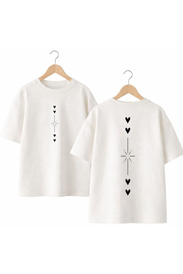Heart Sparkle Printed Back and Front Chest 100% Cotton Oversize Loose Regular Fit Crew Neck T-Shirt