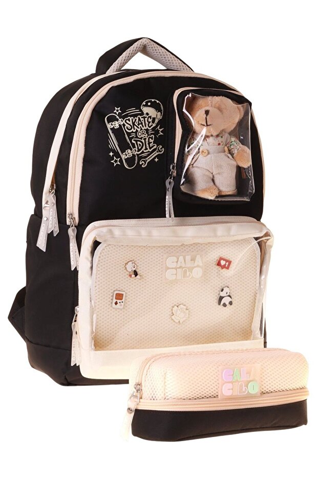 Skate Girl Black Cream Skate Printed School Backpack and Pencil Case Set - Setcc-C4113C
