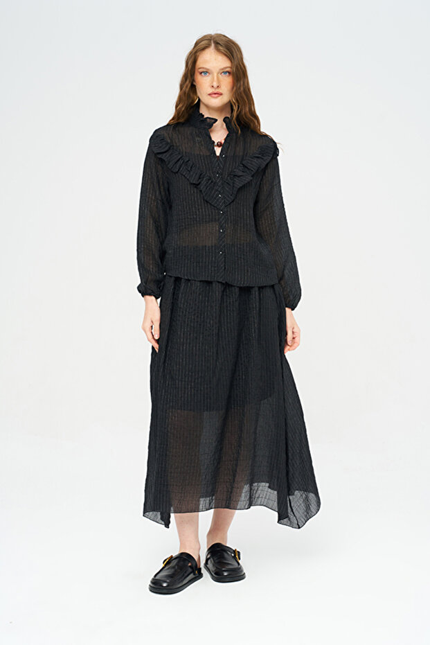 Women's Stand-Up Collar Ruffled Striped Shirt