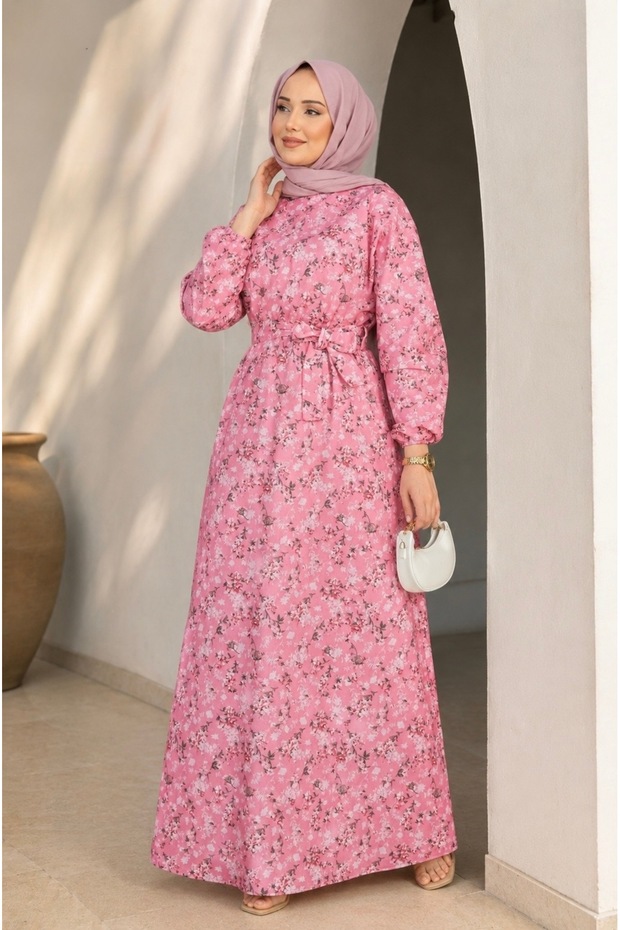 Women's Floral Patterned Belted Slim Summer Hijab Dress Sb0040