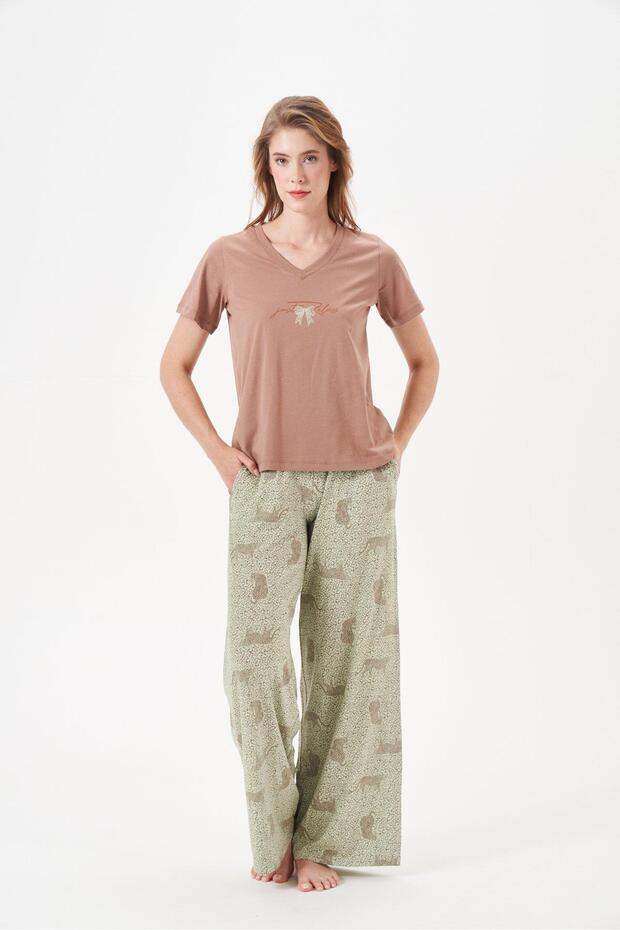 Women's V-Neck Short Sleeve Wide Leg Patterned Pajama Set 29047