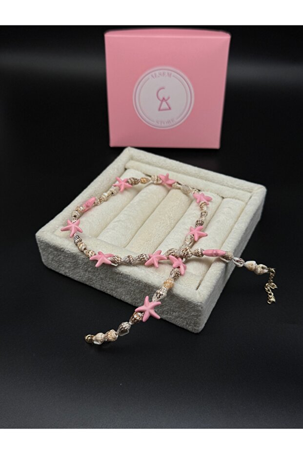 Women's Pink and Blue Starfish Natural Seashell Necklace, Handmade Seashell Star Necklace