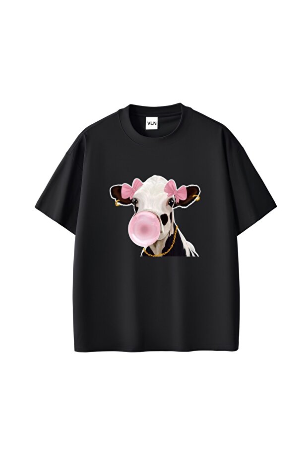 Bubble Cow Printed Black Oversize Unisex T-Shirt