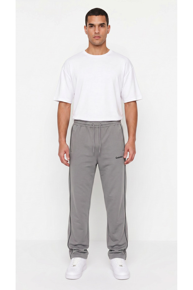 Men's Gray Color Comfortable Fit Double Piping Flat Leg Pocket Zipper Sweatpants