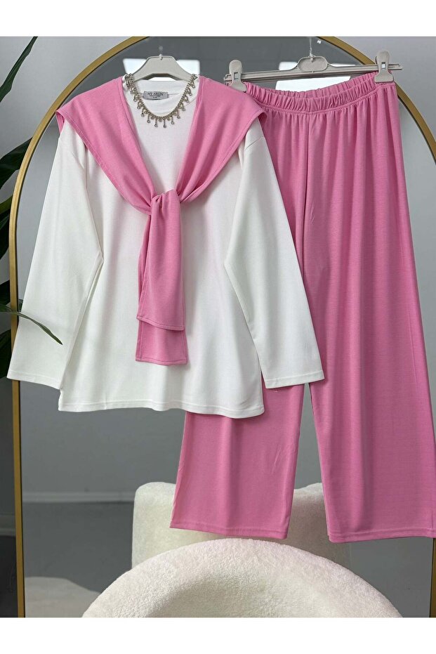Women's Detachable Shawl Detailed Pantsuit with Detachable Shawl in Pink