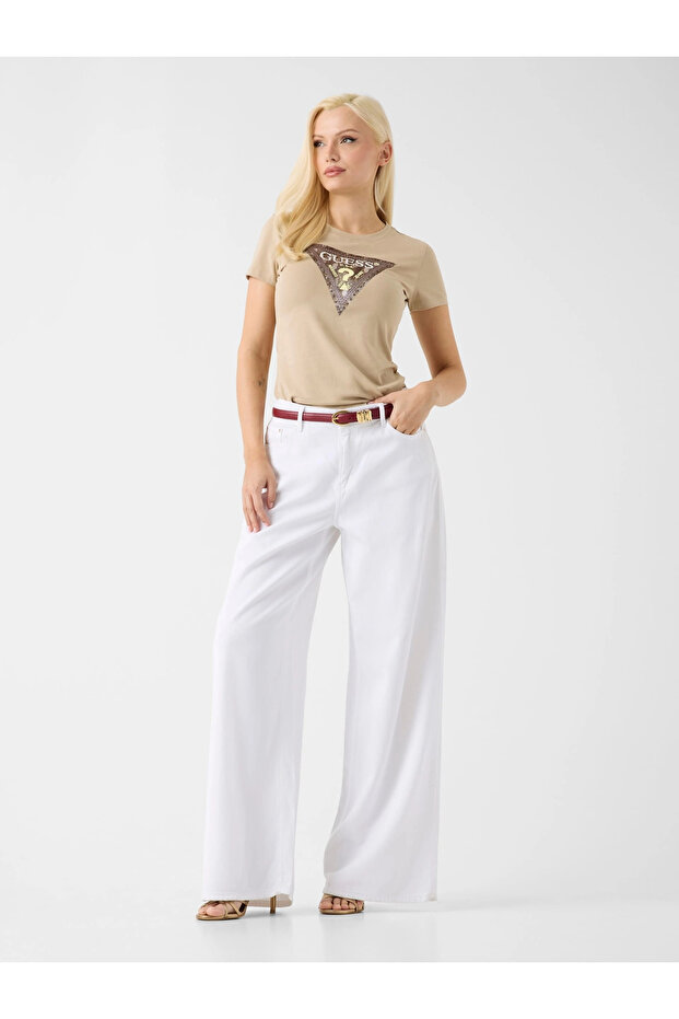 Short Sleeve Crew Neck Snake Pattern Triangle Women's Beige T-Shirt W6Yi31K4350-A117