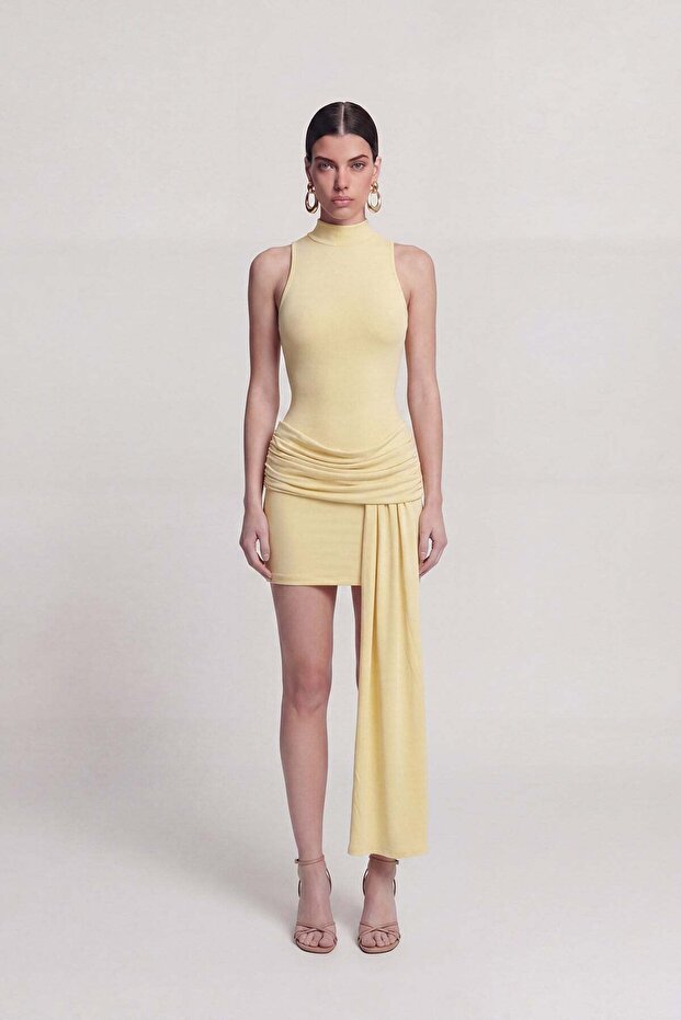 Backless Skirt Draped Mini Daisy Dress Yellow