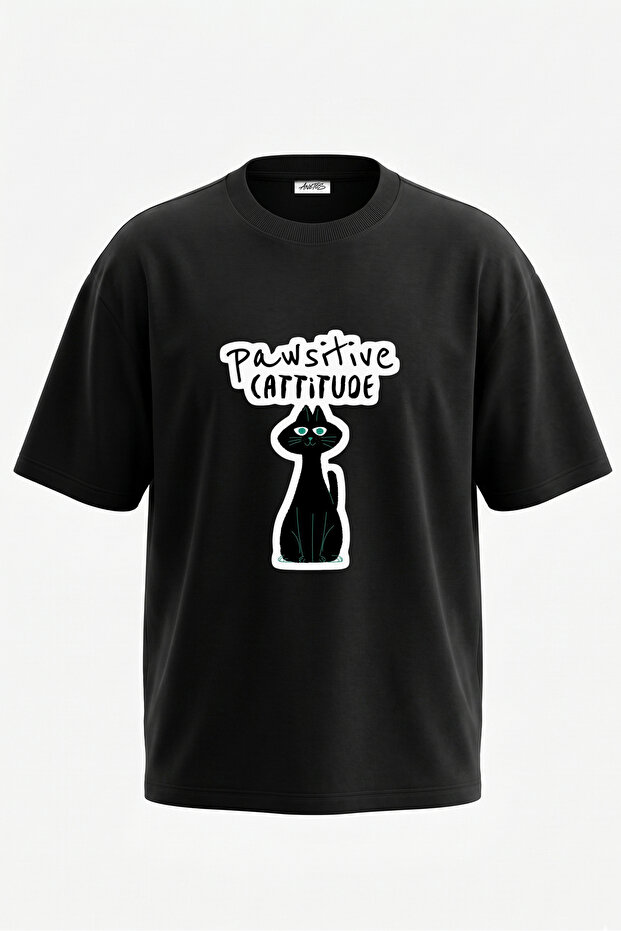 Pawsitive Cattitude Design Back Printed Cotton Black Oversize T-Shirt