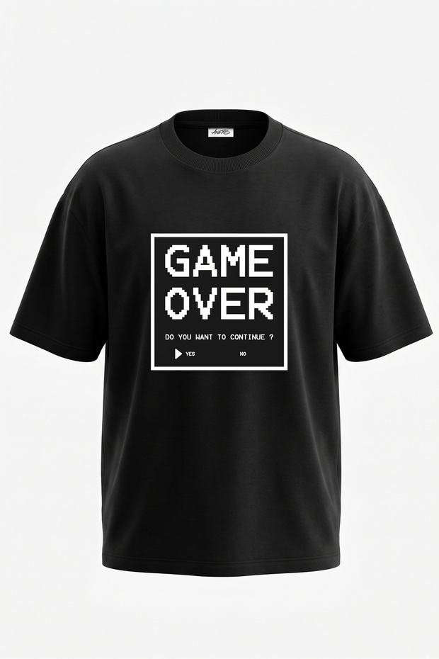 تي شيرت قطني أسود كبير الحجم مطبوع عليه تصميم Game Over على الظهر