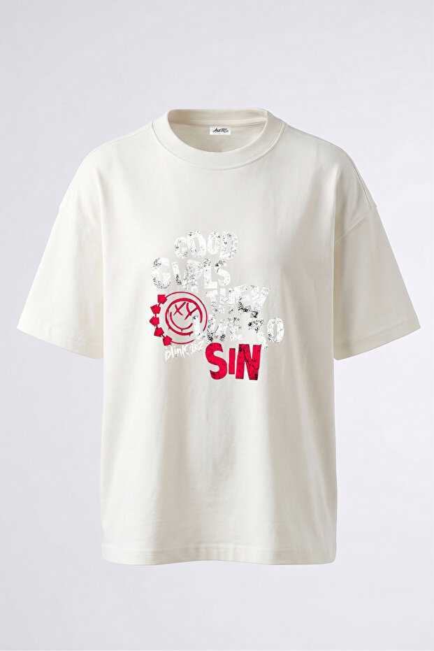 Blink 182 Logo Design Back Printed Cotton White Oversize T-Shirt