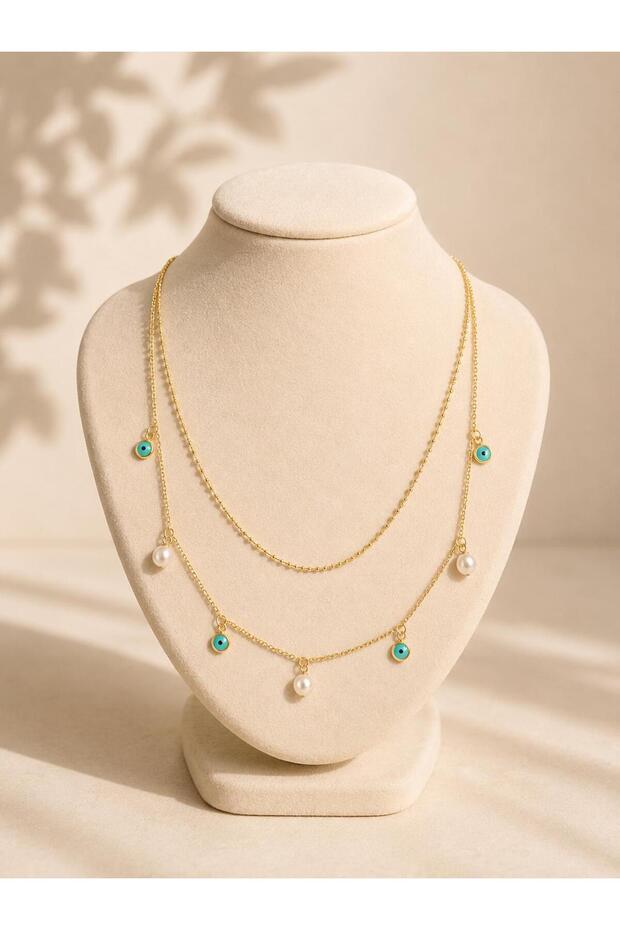 Steel Necklace with Pearls and Turquoise Stones