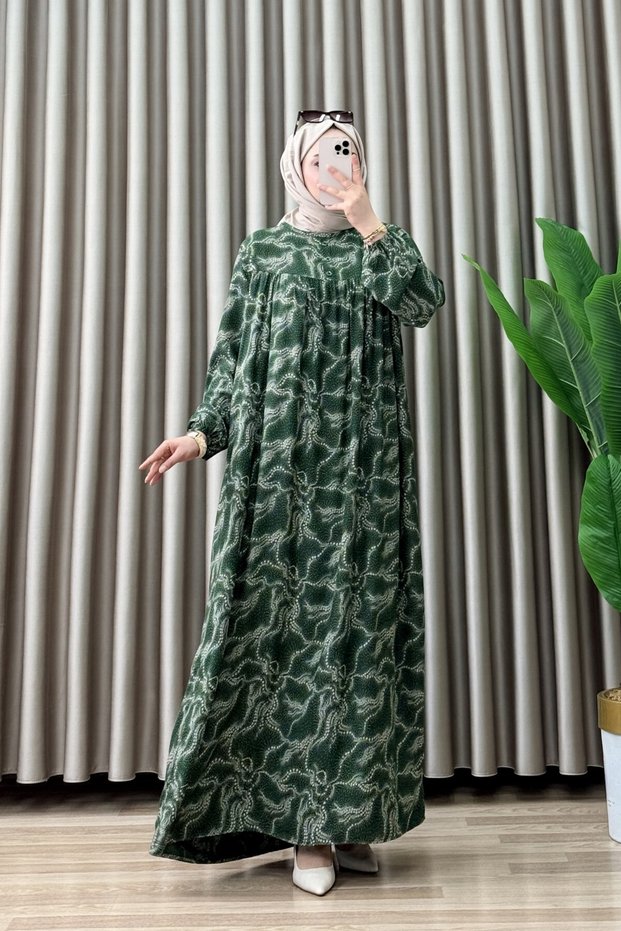 Emi̇ne Elbi̇se Viscose Fabric Women's Green Collar Openable Buttoned Patterned Hijab Dress