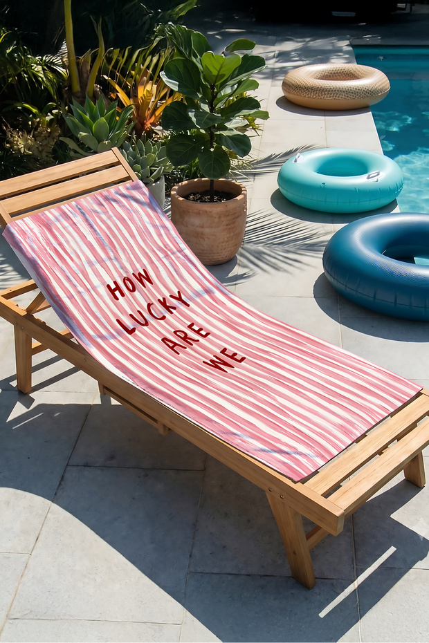 Striped How Lucky Written Pink and White Beach Towel - Typographic Mediterranean Style Bath and Beach Coverlet