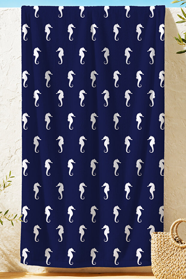 Denizatı Marine Beach Towel Coverlet - Navy Blue White Nautical Quick-Drying Microfiber Towel Coverlet