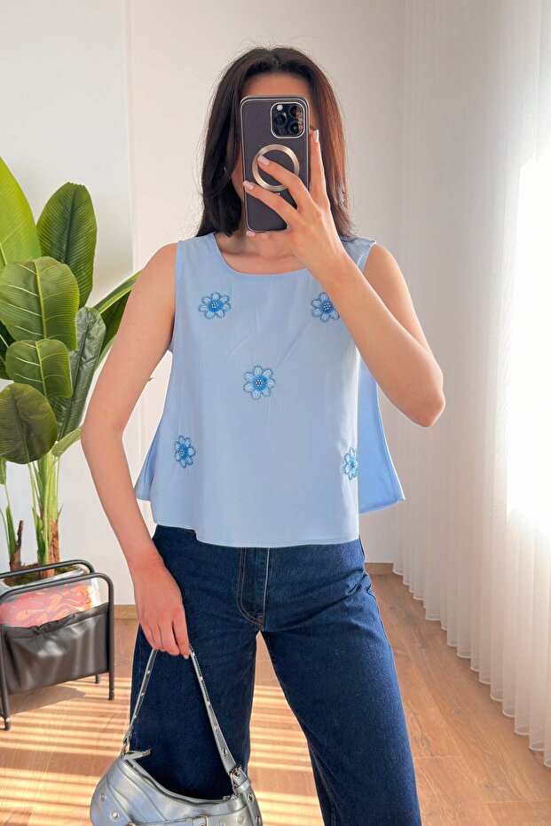 Daisy Bead Embroidered Thick Strap Baby Blue Blouse