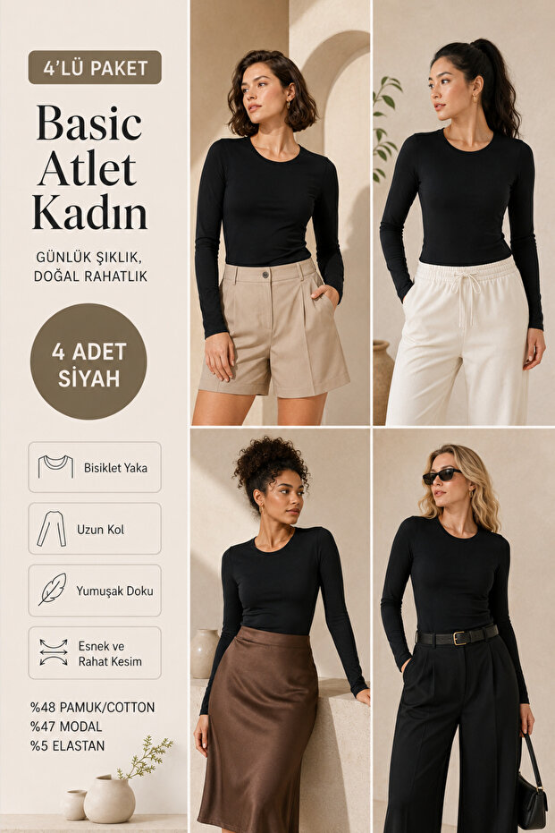 Women's 4-Piece Cotton & Modal Crew Neck Long Sleeve Basic Undershirt - 4-Piece Advantage Pack