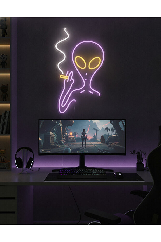Uzaylı Figürü LED Neon Tablo | Pop Culture Duvar Dekoru | Pleksi Aydınlatmalı Genç Odası Tablosu - 2