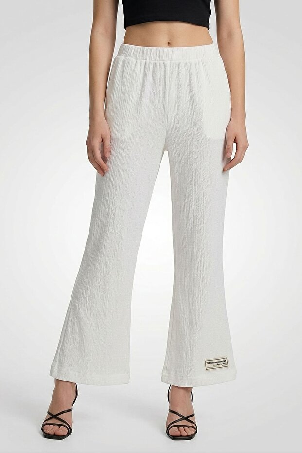 Women Regular Fit Textured Flared Pants, White