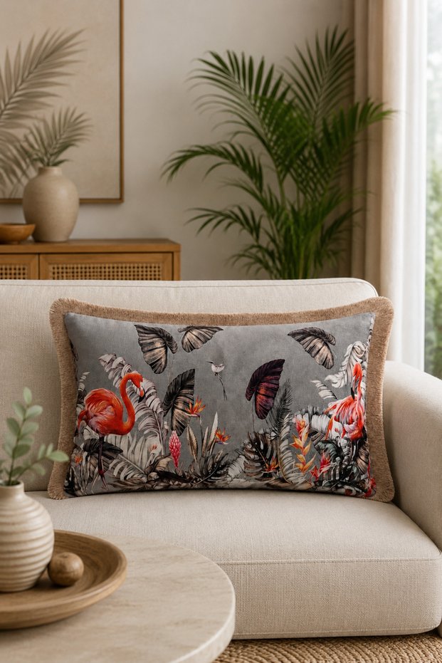 Tropical Flamingo Patterned Tasseled Babyface Woven Throw Pillow Cover