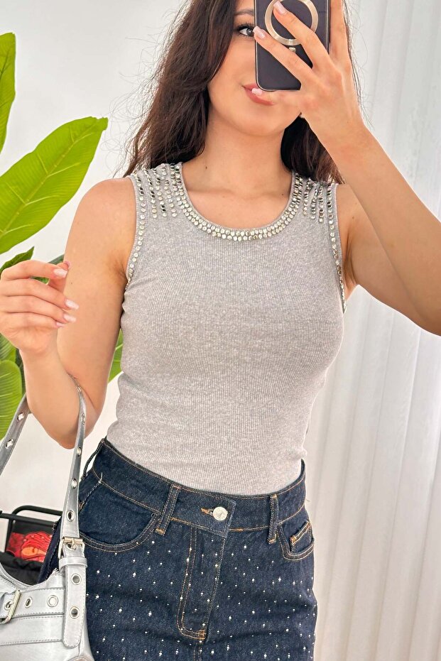 Collar Stone Embellished Sleeveless Stylish Gray Athlete Blouse