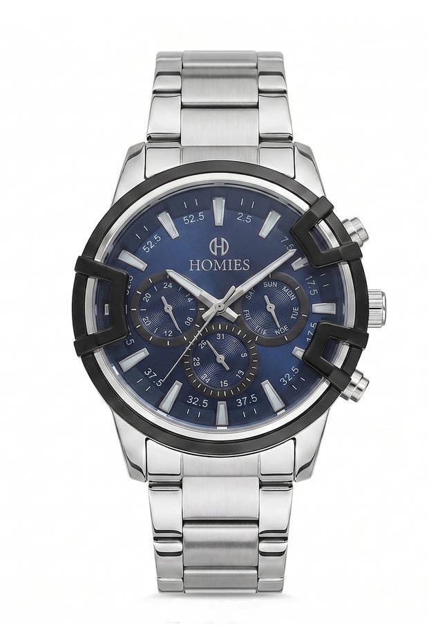 Men's Silver Metal Cord Navy Blue Dial Functional Wristwatch 2 Years Warranty
