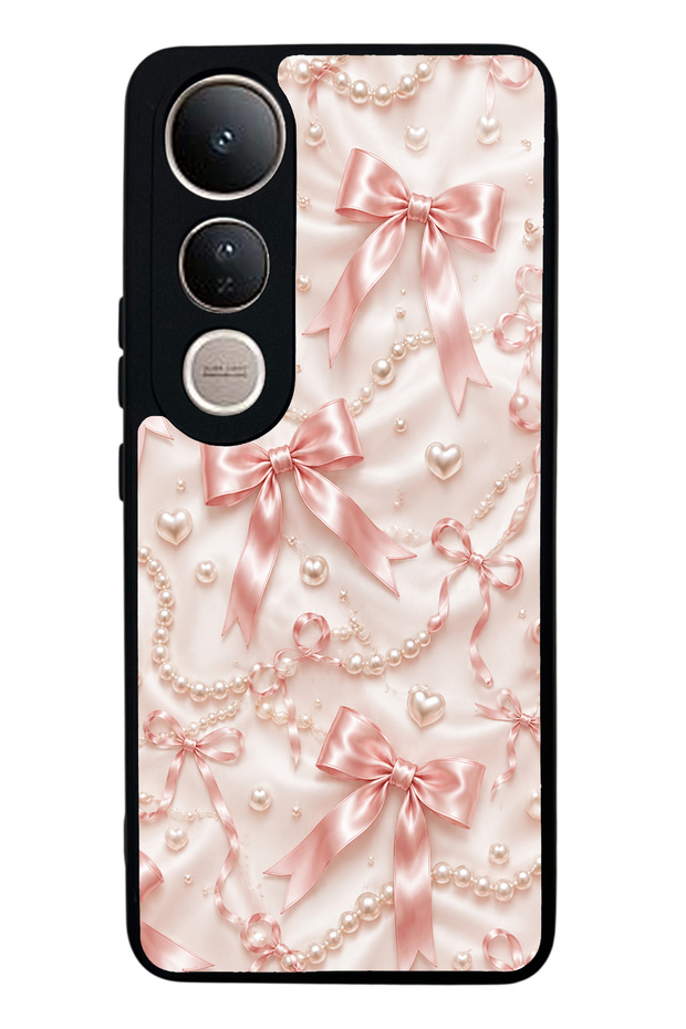 Vivo V50 Lite Glossy Phone Case with Blush Pearl Bow Design