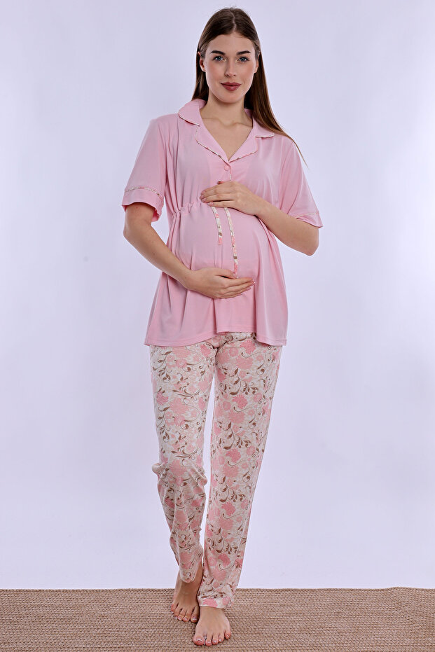 Short Sleeve Soft Textured Cotton Maternity Set Effortt - Pink