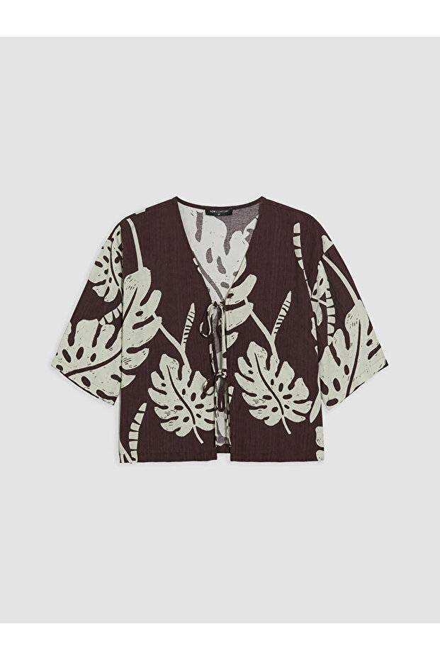Brown V-Neck Patterned Blouse