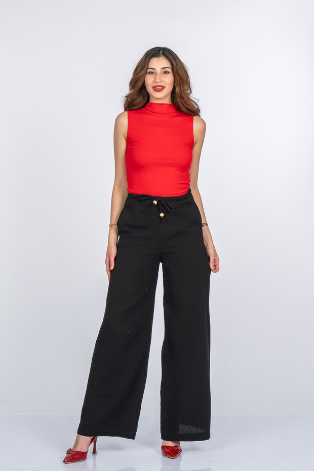 Women's Summer Black High Waist Slim Elastic Muslin Fabric Wide Leg Pants Casual Daily Office Stylish 30409