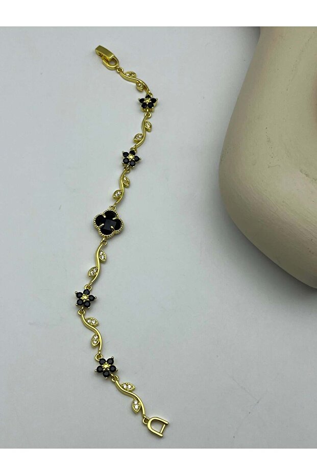 Gold color black stone clover bracelet - 26blks16
